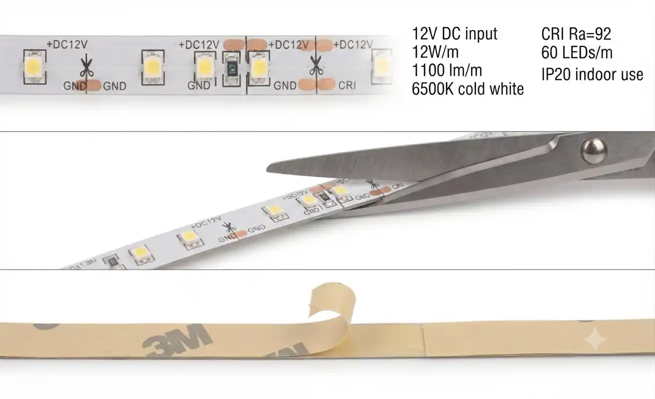 Instalace LED pásku 12V 12W/m do hliníkového profilu — dělitelnost každých 5cm, 3M páska, max 5m